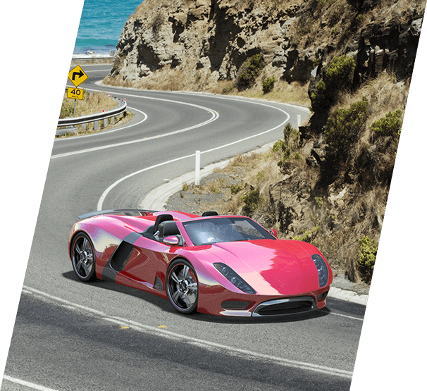 Red sports car navigating the curvy roads
