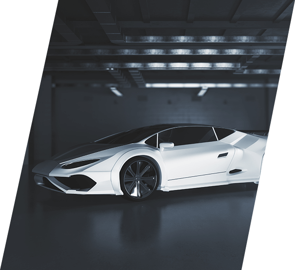Side of modern white sports car inside garage