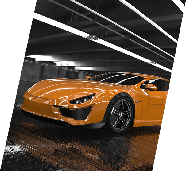 Luxury orange sports car inside garage